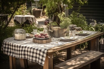 Fototapeta premium rustic outdoor table setting with checkered cloth, plates, and silverware, created with generative ai