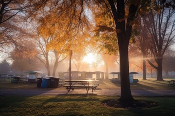 Fototapeta premium morning sunrise over park with food stands, benches and trees in the background, created with generative ai