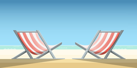 Couple sun loungers on sand beach, Vector illustration.