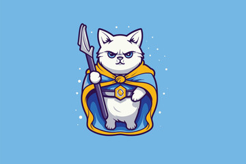 Cat superhero with a spear in his hand. Vector illustration on blue background.