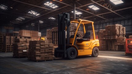 Fototapeta na wymiar Forklift lifting product pallets in large warehouse. Generative Ai