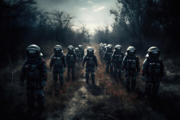 Naklejka premium Sacred Orbital Journey: Astronauts Engaging in Spiritual Devotion. Generative AI