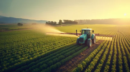 Photo sur Plexiglas Tracteur Aerial view of Tractor Spraying Pesticides on Green Soybean Plantation at Sunset. Generative Ai