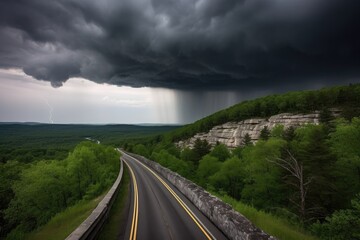 stormy sky above scenic highway, with flashes of lighting and rolling thunder, created with generative ai