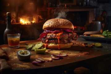 Tempting Treats: Grilled Steak, Mug of Beer, and Irresistible Olives. Generative AI