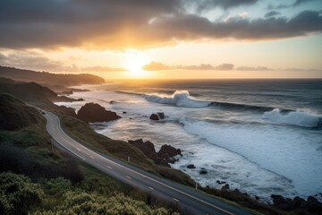 scenic highway leading to sunset over the ocean, with waves rolling in, created with generative ai