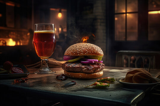 Sizzling Gourmet Burger and Beer Delight. Generative AI