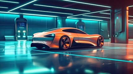 Obraz premium A futuristic electric car is connected to a charging station in the underground parking of the business center. Automotive technology concept. Generative Ai