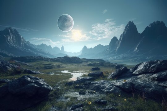 shot of a beautiful and mysterious alien planet, created with generative ai