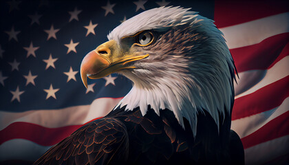 Patriotic american bald eagle in front of USA flag july 4th celebration. American flag for Memorial Day, white graves, 4th of July, Labour Day. Ai generated image 