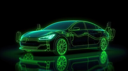 An Electric car at charging station. Front view electric car silhouette with green glowing on dark background. Automotive technology concept. Generative Ai
