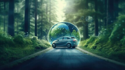 An Electric car energy for environment, EV car on forest road with earth planet going through forest Electric car with nature. Automotive innovation and technology concepts. Generative Ai
