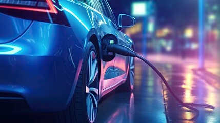 Power supply connected to electric vehicle charge battery. EV charging station for electric car or Plug-in hybrid car. Automotive innovation and technology concepts. Generative Ai - obrazy, fototapety, plakaty
