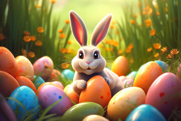 Fototapeta na wymiar Festive Easter Bunny amidst Pastel-colored Eggs. Generative AI