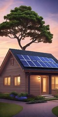 big beautiful house with solar panels on the roof at sunset created with artificial intelligence
