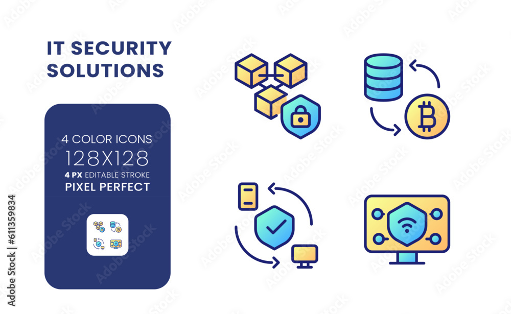 Poster data privacy solutions gradient fill desktop icons. information protection. risk management. pixel p