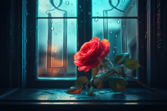 Rain-Kissed Rose by the Window. Generative AI