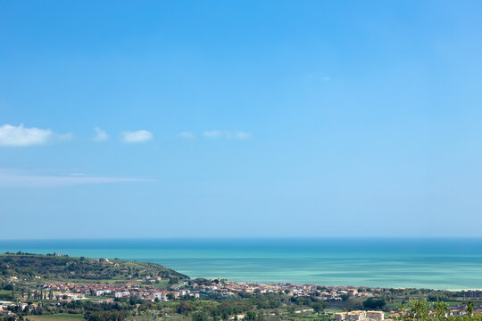 Seascape of Adriatic Sea from shore. Pedaso city, Italy. Aerial view, copy space