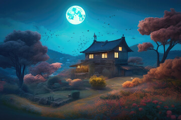 Serenity under Moonlight: Surreal Organic Farmhouse. Generative AI