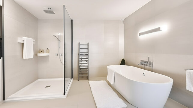 White ceramic bathtub placed near glass shower cabin in stylish spacious bathroom with heated towel rail and bright glowing lamps, Generative AI