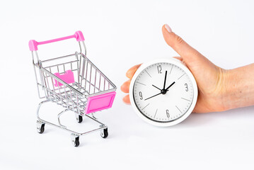 Time for shopping, discounts and sales. Supermarket opening hours.