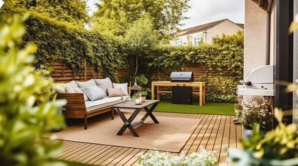 A Cozy Backyard Retreat with a Wooden Table, Soft Sofa, and Grill, Nestled Amidst a Lush Green Garden, Generative AI