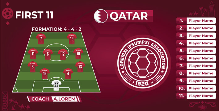 Soccer team line up and team formation template with first 11 players for Qatar Soccer Team	
