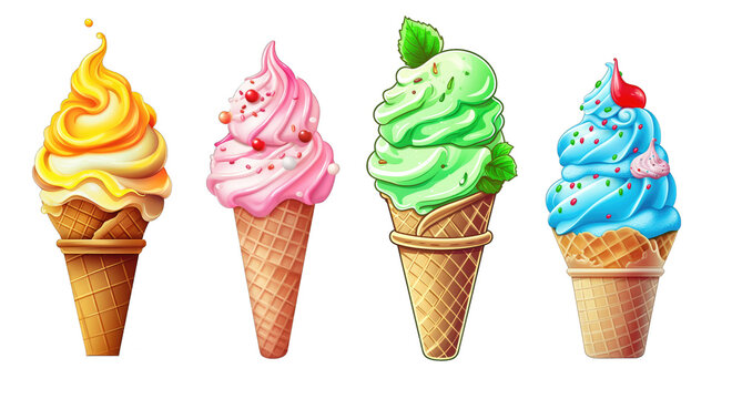 Illustration, sommerliche Kollektion von vier verschiedenen k&ouml;stlichen Eissorten im H&ouml;rnchen auf transparentem Hintergrund, Generative AI