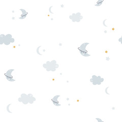 Space, cosmic seamless pattern with hand drawn moon, stars, clouds.