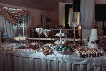A delicious wedding. Candy bar for a banquet. Celebration concept. Fashionable desserts. Table with sweets, candies. Fruits