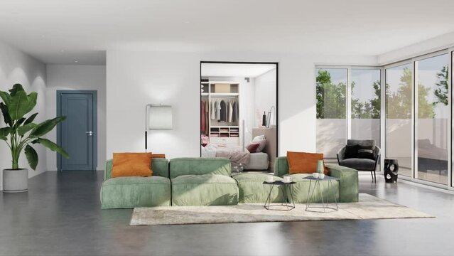 3d Rendering of Modern Living Room Interior With Green Plants, Sofa And windows, Stylish interior of the living room