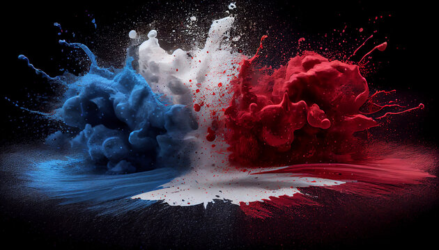 Red white and blue color powder splash. july 4th celebration. American flag for Memorial Day, white graves, 4th of July, Labour Day. Ai generated image 