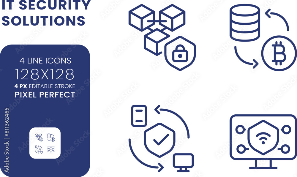 Poster data privacy solutions linear desktop icons set. information protection. risk management. pixel perf