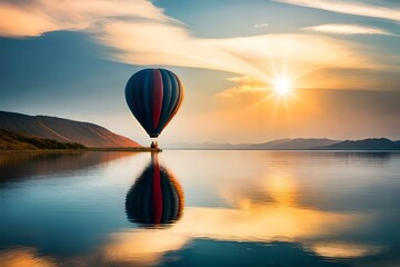hot air balloon over lake generated AI