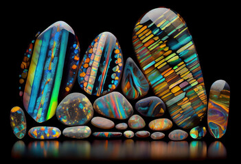 Multicolored precious stones and minerals on display. Generative AI.
