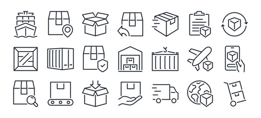Shipping, tracking and delivery editable stroke outline icons set  isolated on white background flat vector illustration. Pixel perfect. 64 x 64.