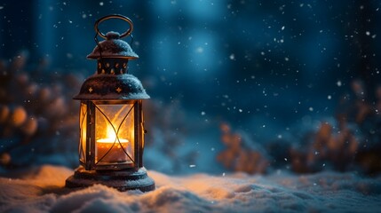 Winter's Beacon: Lantern with Burning Candle Illuminating a Snowy Winter Night - Generative AI