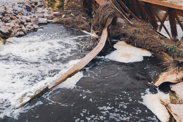 Bridge on the river, destroyed by the water flow. Catastrophe, natural disaster, flood