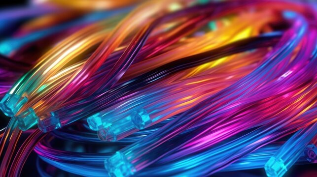 Colored electric cables and led. Optical fiber, background for technology image and new business trends created. Generative Ai