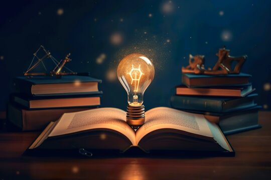 E-Learning-Programmkonzept f&uuml;r Graduiertenzertifikate. Gl&uuml;hbirne auf Buch mit Abschlusskappe und Bildungssymbolen. Abschluss des Internet-Bildungskurses, Online-Lernkonzept. Webinare ,Generative AI