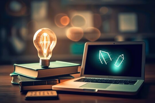E-Learning-Programmkonzept f&uuml;r Graduiertenzertifikate. Gl&uuml;hbirne auf Buch mit Abschlusskappe und Bildungssymbolen. Abschluss des Internet-Bildungskurses, Online-Lernkonzept. Webinare ,Generative AI