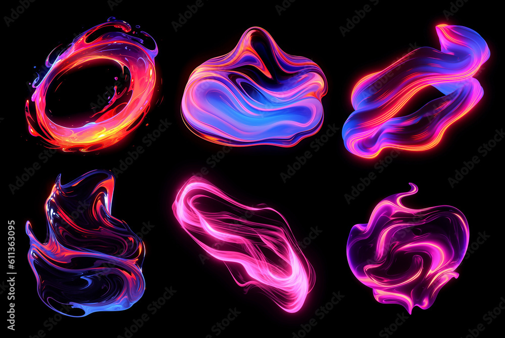 Wall mural colorful abstract neon liquid shape set. bold neon effect elements for graphic design. glowing wavy 