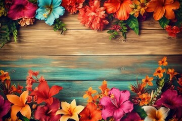 Colorful spring flowers on wood background. Generative Ai