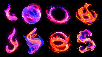 Colorful abstract fire effect set. Bold sprite flash elements for graphic design. Glowing wavy substances. Ai generated