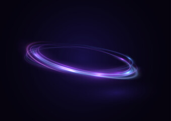 Neon swirl. Curve blue line light effect. Abstract ring background with glowing swirling background. Energy flow tunnel. Blue portal, platform. Magic circle vector. Luminous spiral. round frame