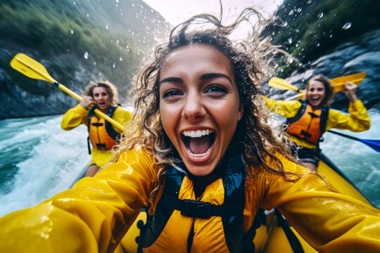 Woman whitewater river rafting, selfie closeup, canoe, kayak, paddling, extreme sports. Generative AI
