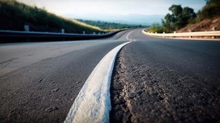 Asphalt Road And White Dividing Lines, Highway in early morning, AI generated.