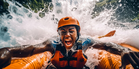 Whitewater river rafting, selfie closeup, African American man, canoe, kayak, paddling, extreme sports. Generative AI