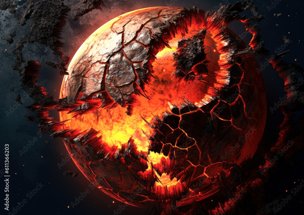 Wall mural shattering and exploding of planet earth's molten core . generative ai