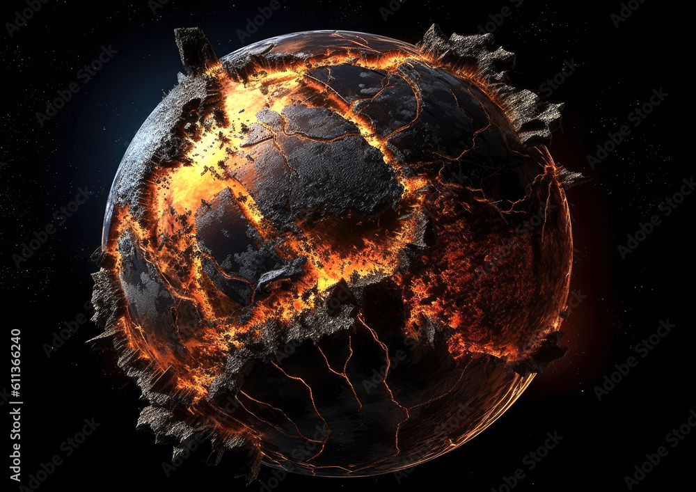 Wall mural shattering and exploding of planet earth's molten core . generative ai
